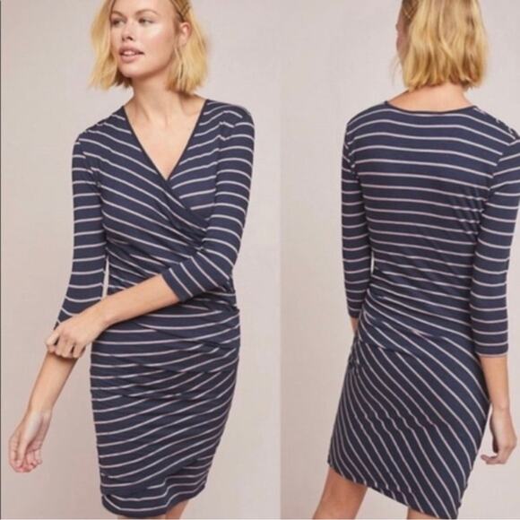 NEW Anthropologie Sundry Fabian Dress Sundry Faux Wrap Dress Stripe Ruched Small - Picture 1 of 12